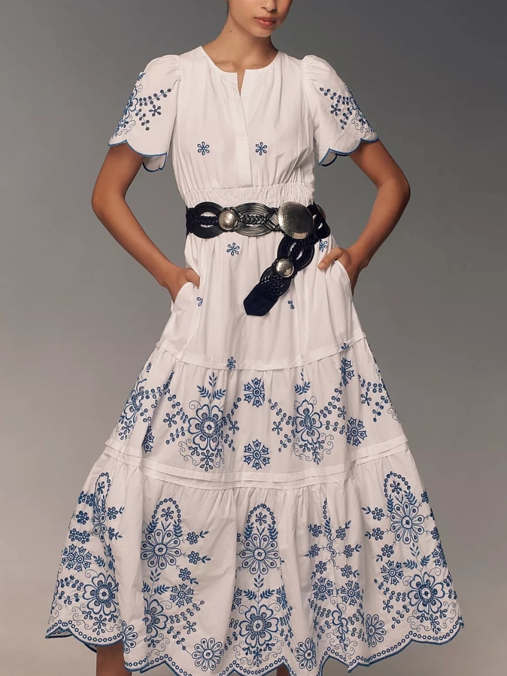 Anthropologie White Maxi Dress with Blue Embroidered Floral Detail